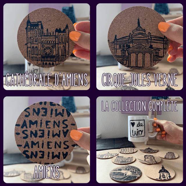 Dessous de verres Amiénois - liège - imprimés à la main
